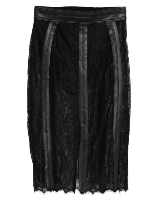 Elisabetta Franchi Midi-Rok Met Leren Afwerking En Kant in het Black