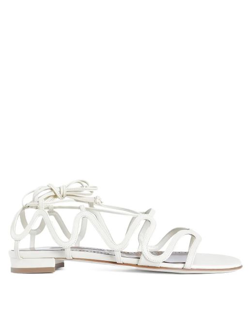 Manolo Blahnik White Fawdaflat Lace-Up Leather Sandals