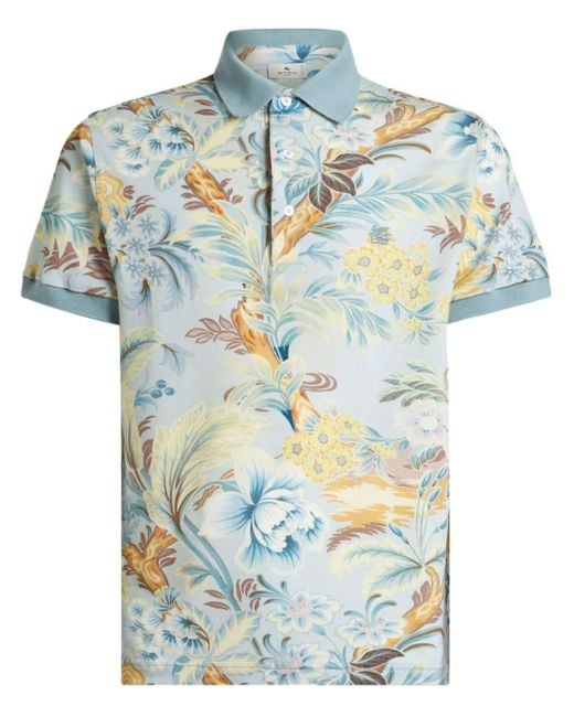 Etro Blue Floral-print Polo Shirt for men