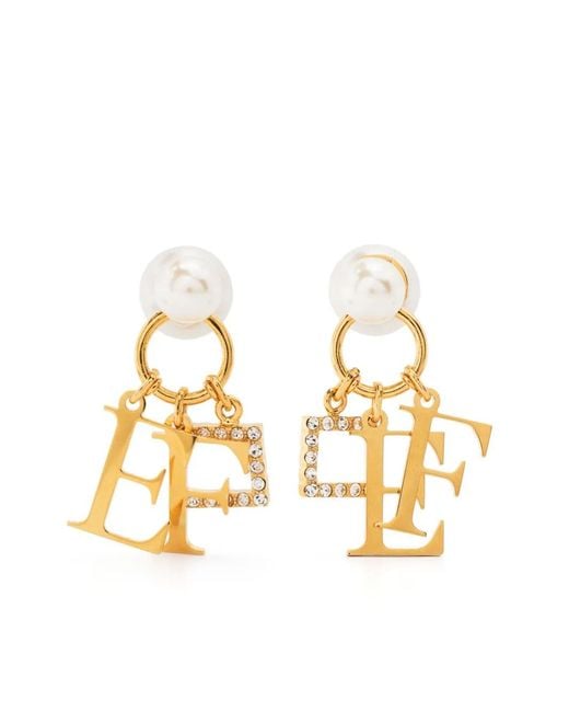 Elisabetta Franchi Metallic Logo-Plaque Pearl Pendant Earrings