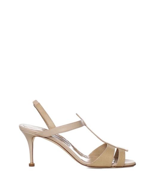Manolo Blahnik Metallic T-Strap Heeled Sandals