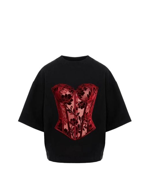 Hamza Red Lace-Print Corset-Style T-Shirt