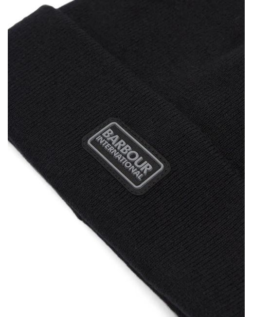 Barbour Black Logo-Patch Knit Beanie Hat for men