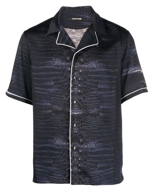 Roberto Cavalli Black Snakeskin-Print Short-Sleeve Shirt for men