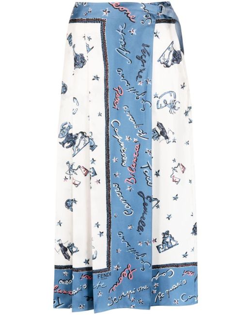 Fendi Blue Astrology -print Midi Skirt