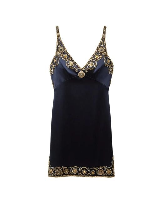 Versace Black Embroidered Silk Cady Satin Mini Dress