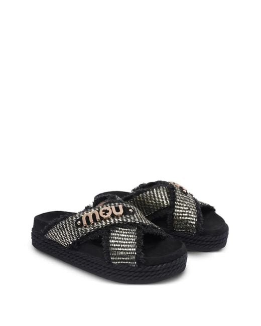 Mou Black Frayed-Strap Platform Sandals
