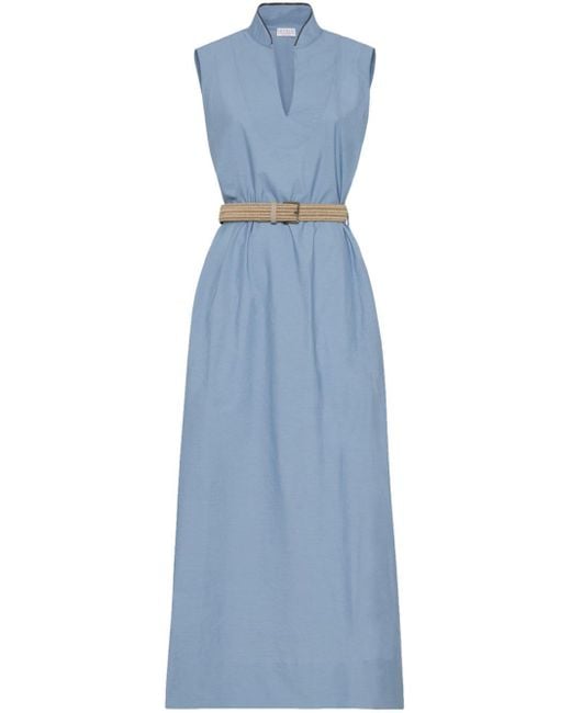 Brunello Cucinelli Blue Monili Chain-embellished Belted Dress