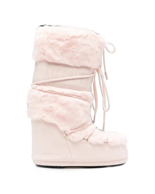 Moon Boot Pink Faux-Fur Lace-Up Boots