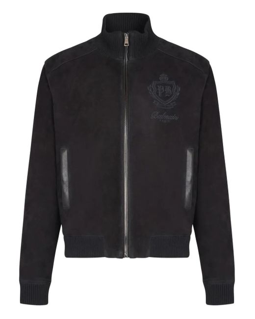 Balmain Black Embroidered-Emblem Suede Jacket for men