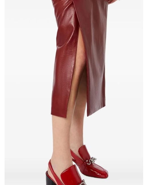 Sportmax Red Slit-Detail Leather Midi Skirt