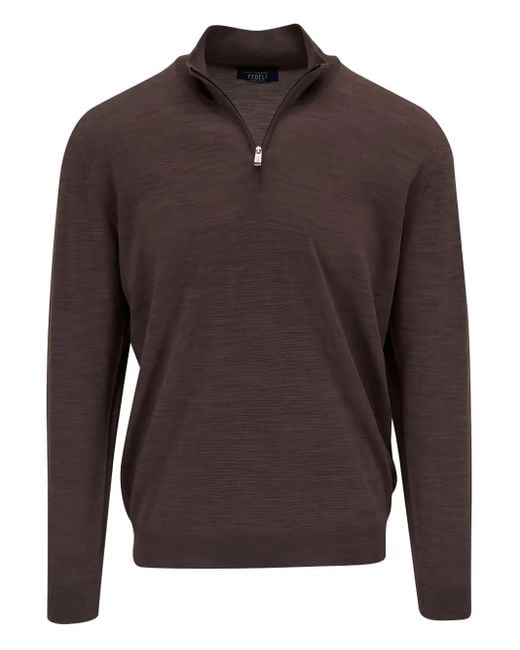 Fedeli Brown Half-Zip Wool Sweater for men