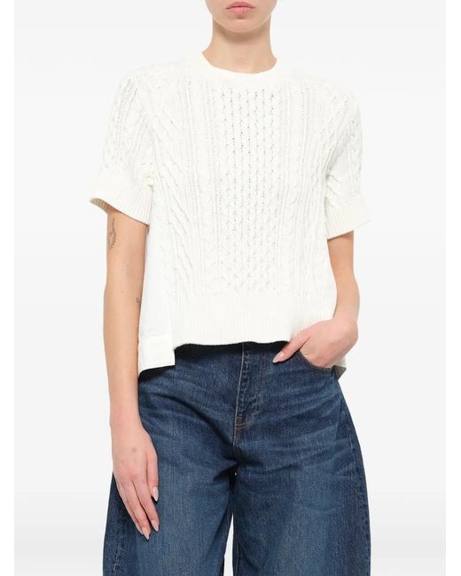 Sacai White Cable-Knit Panelled Short-Sleeve Sweater