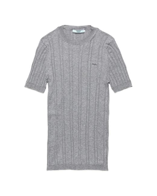 Prada Gray Short-Sleeved Ribbed-Knit Cotton Sweater