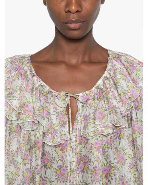 Raquel Diniz White Floral-Print Ruffled Blouse