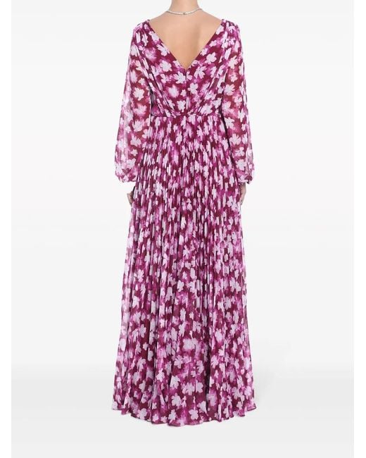ML Monique Lhuillier Purple Floral-Print Pleated Maxi Dress