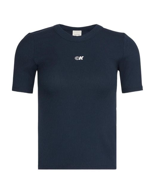 Calvin Klein Blue Ribbed Logo-Detail T-Shirt