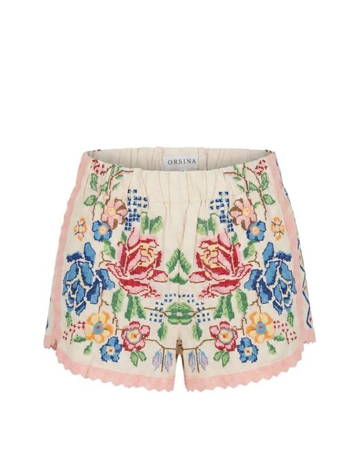 ORSINA White Floral-Embroidered Lace-Trim Shorts