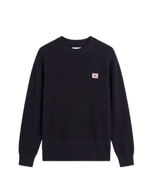 Calvin Klein Blue Waffle-Knit Logo-Patch Sweater for men