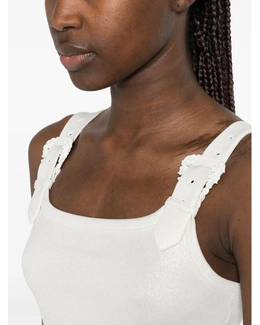 Versace Jeans Couture White Buckle-Detail Metallic-Finish Top