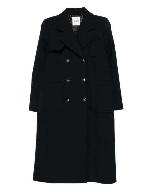 Sandro Black Patch-Pockets Double-Breasted Coat