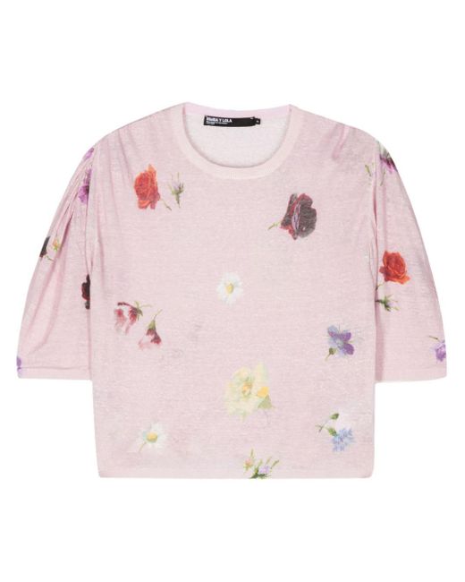 Bimba Y Lola Pink Gestricktes T-Shirt mit Flowers-Print