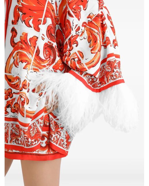 Dolce & Gabbana Red Majolica-Print Charmeuse Shirt With Feather Trim