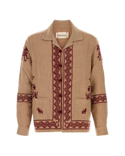 BAZISZT Brown Tulum Embroidered Cotton Shirt for men