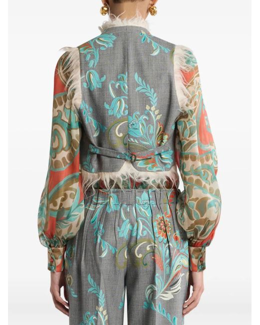 Etro Blue Floral-Print Fringed Waistcoat