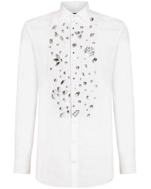 Dolce & Gabbana White Rhinestone-embellished Cotton Shirt for men