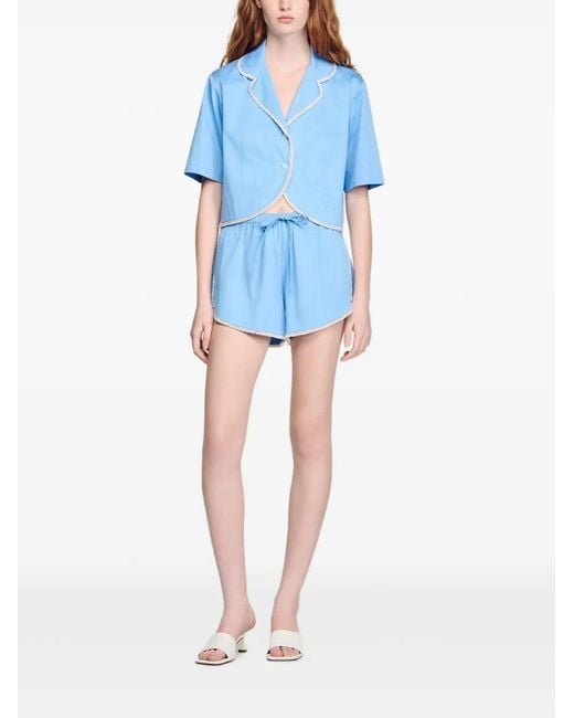 Sandro Blue Beaded Trim Cotton Shorts
