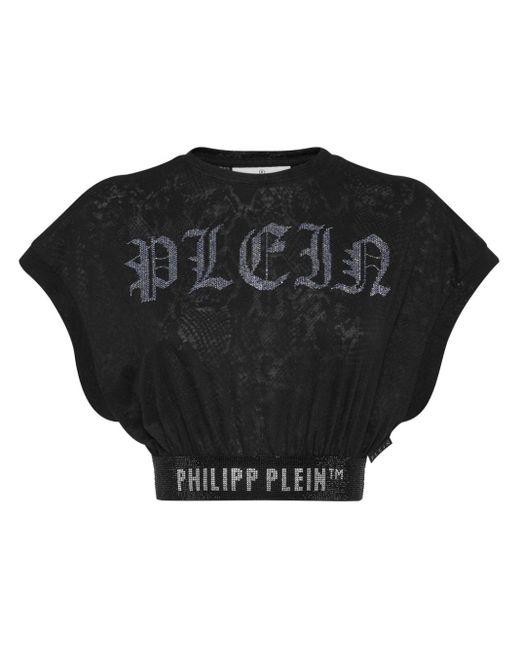 Philipp Plein Black Cropped-T-Shirt mit Kristallen