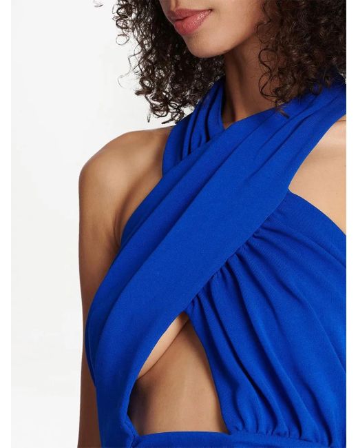 Balmain Blue Halter Nack Draped Jersey Cropped Top