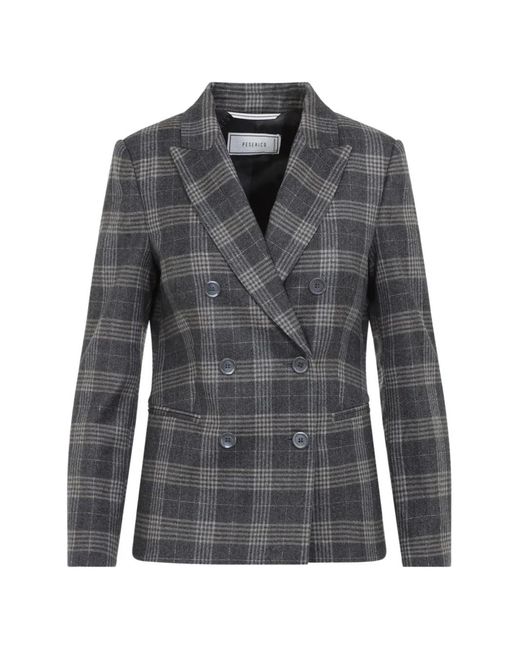 Peserico Gray Double-Breasted Check-Pattern Blazer