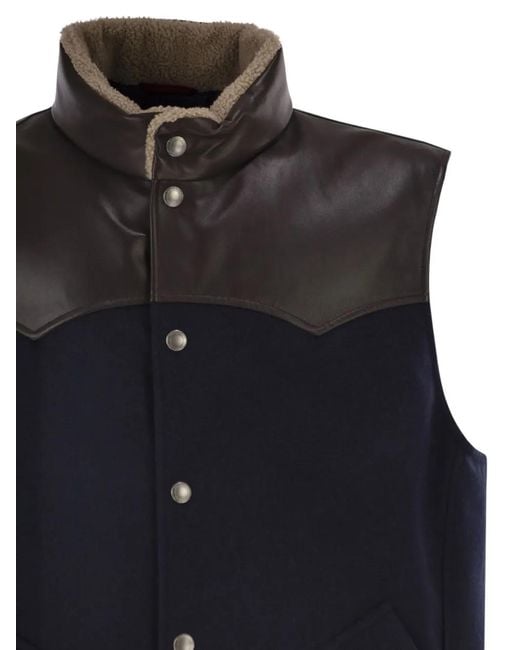 Brunello Cucinelli Blue Shearling-Collar Gilet for men