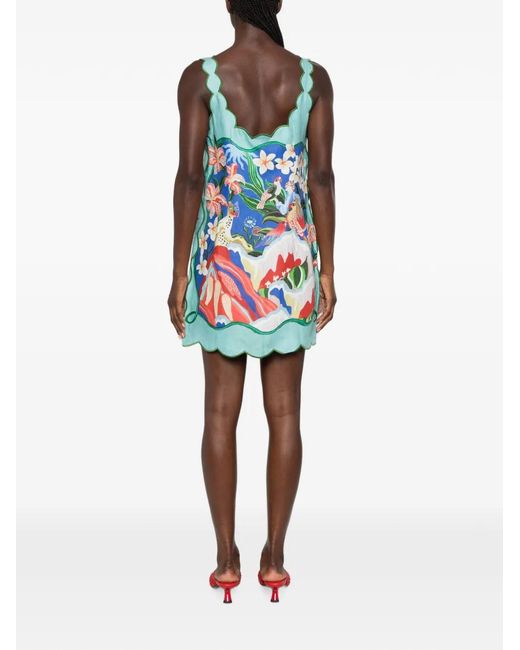 Farm Rio Blue Scalloped-Trim Graphic-Print Mini Dress