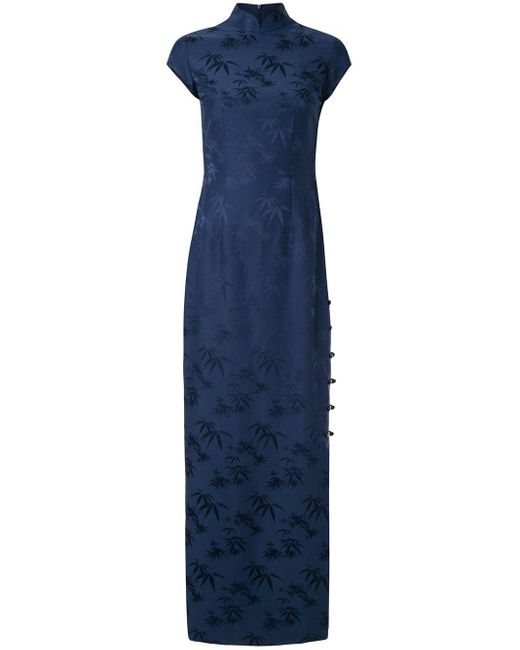 Shanghai Tang Blue Langes 'Qipao' Kleid mit Bambus-Print