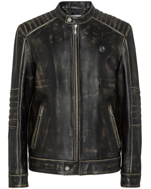 Philipp Plein Black Distressed Leather Moto Jacket for men