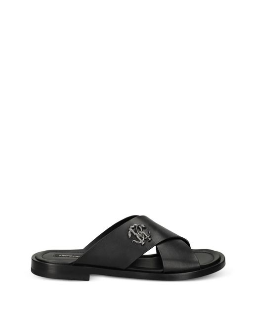 Roberto Cavalli Black Mirror Snake Sandals for men