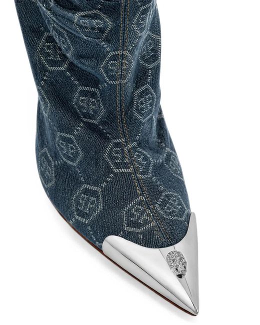 Philipp Plein Blue Denim Boots Hi-Heels Overknees Jacquard