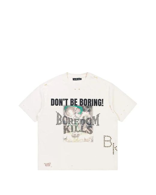 Boredom Kills White T-Shirt Imprimé À Effet Usé for men