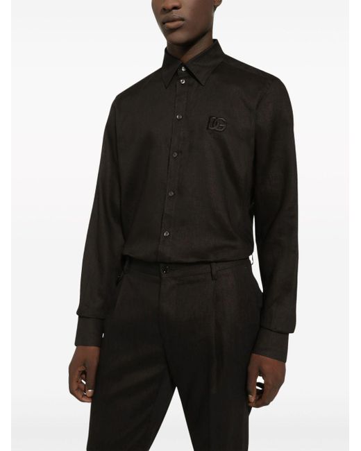 Dolce & Gabbana Black Logo-embroidered Linen Shirt for men