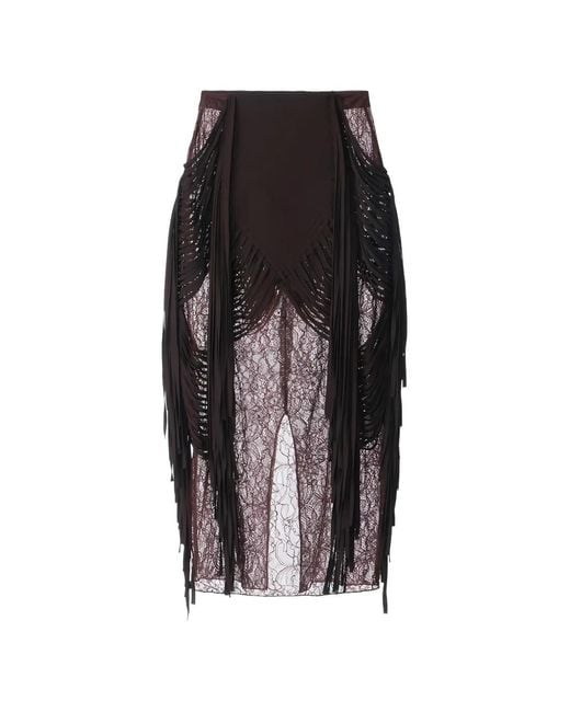 Elisabetta Franchi Black Floral-Lace Fringed Midi Skirt