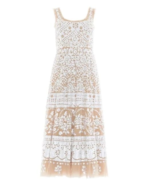 Needle & Thread Midi-Jurk Verfraaid Met Pailletten En Diepe Ronde Hals in het White