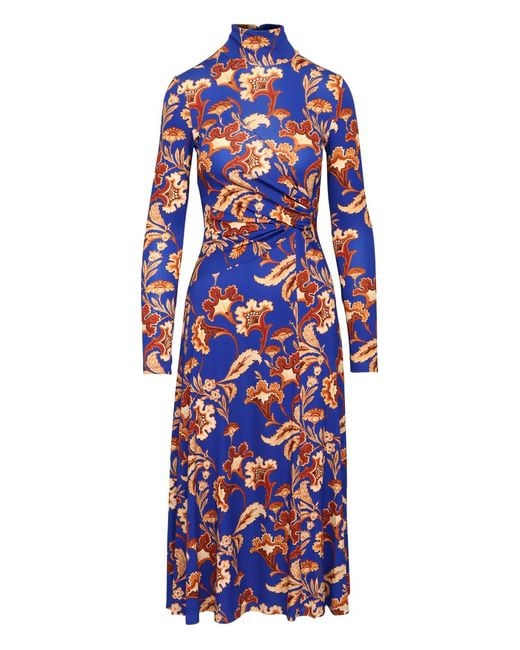 Cara Cara Blue Floral-Print Monk-Neck Midi Dress