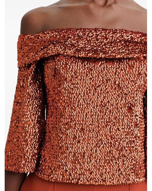Gemy Maalouf Orange Sequin-Embellished Off-Shoulder Top