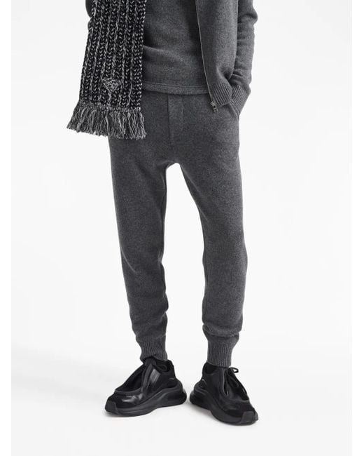 Prada Gray Logo-Embroidered Cashmere Trousers for men