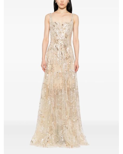 Saiid Kobeisy Natural Sequin-Embellished Long Dress