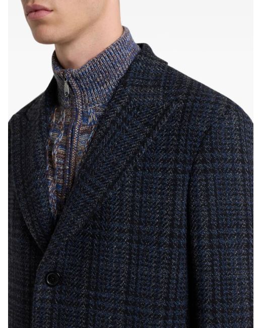 Etro Blue Wool And Cashmere Coat With Check Motif for men