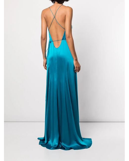 Michelle Mason Blue Cross-Strap Silk Wrap Gown